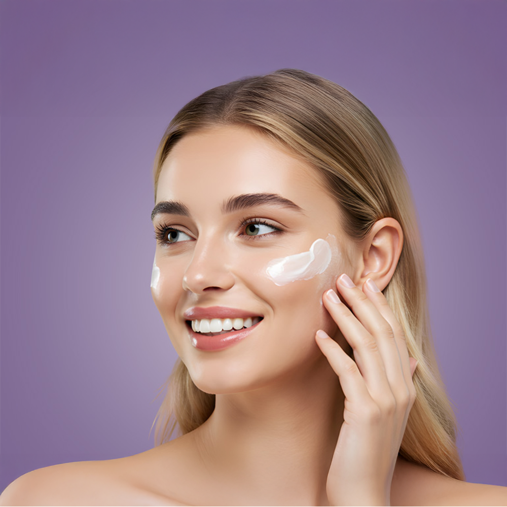 A woman applying HL/Skin Ultimate Tension Cream to her face.